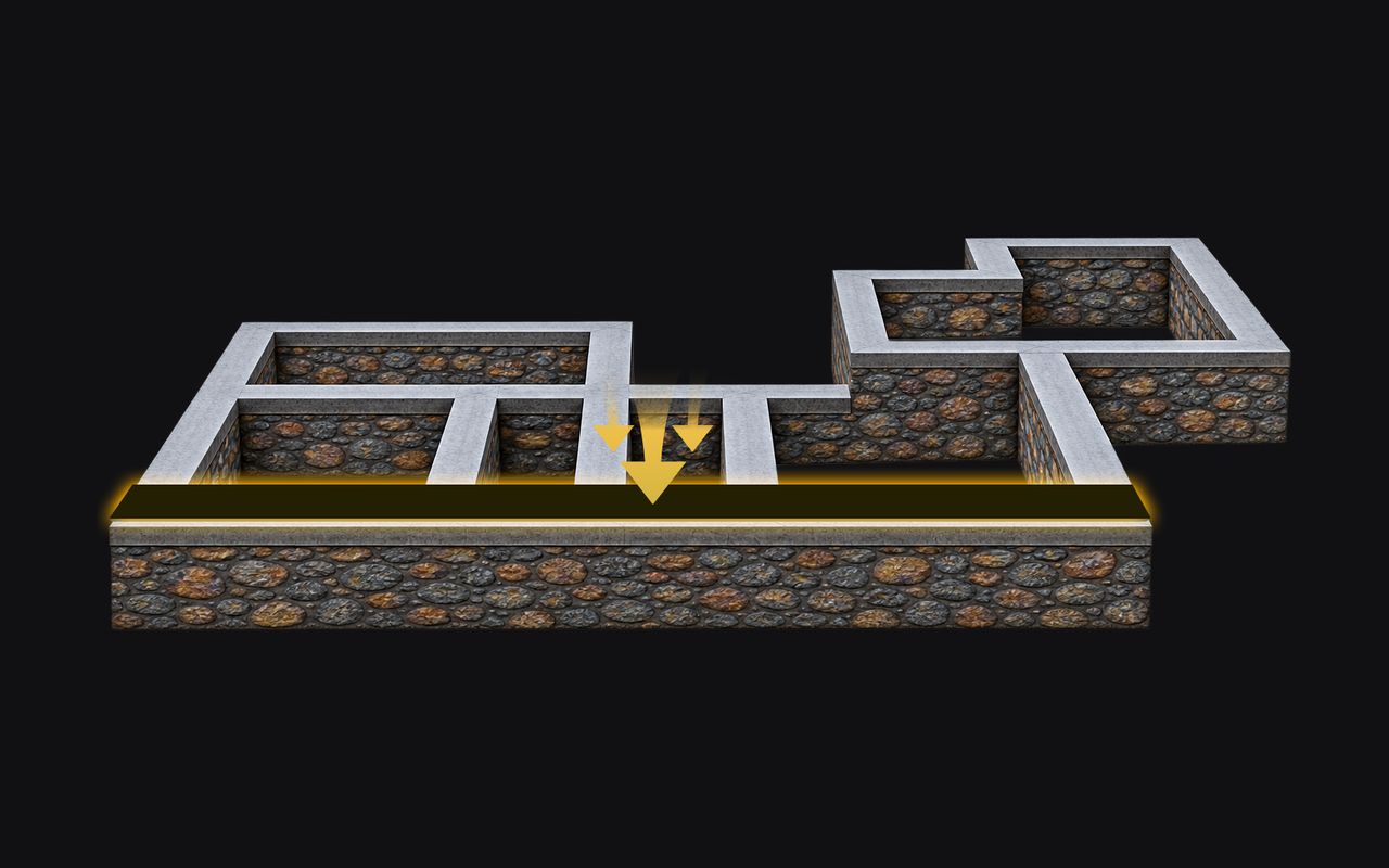 Diagram of a stone basement with its concrete belt on top, Aqua Block coating the top face of the belt