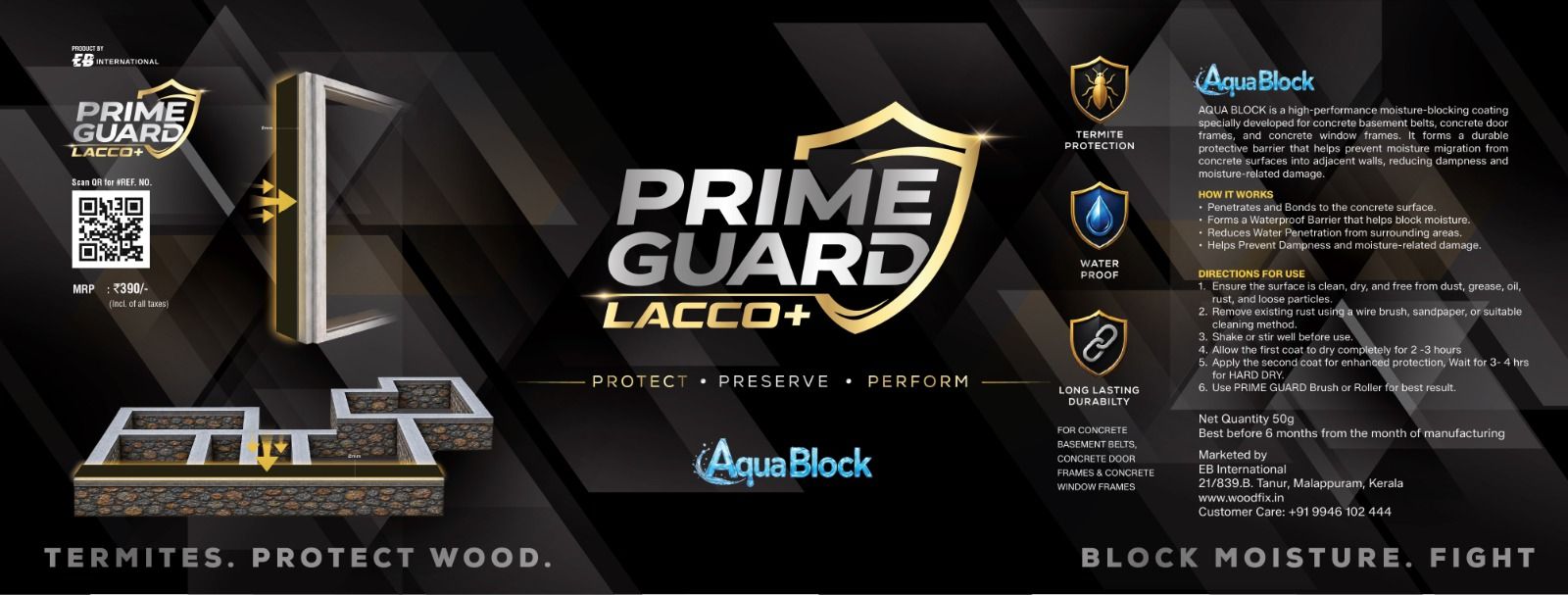 The complete printed Aqua Block label: brand lockup, termite protection, waterproof and long lasting durability badges, the product description, how it works and directions for use panels