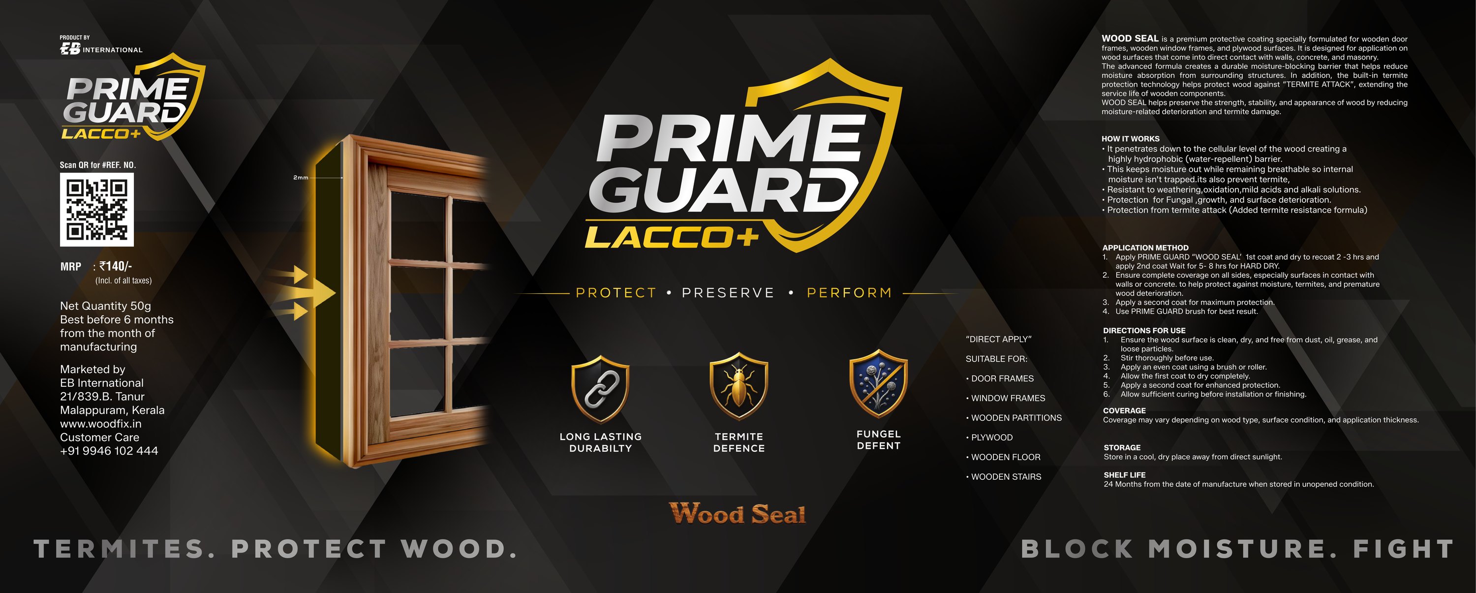 The complete printed Wood Seal label: brand lockup, defence badges, product description, application method, directions for use, coverage, storage and shelf life