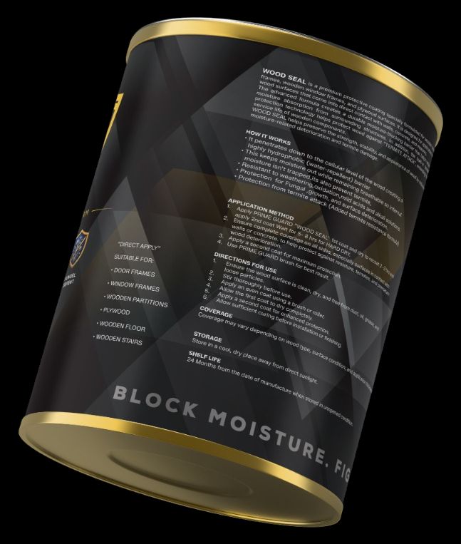 The rear panel of the Wood Seal tin, carrying the product description, application method, directions for use, coverage, storage and shelf life