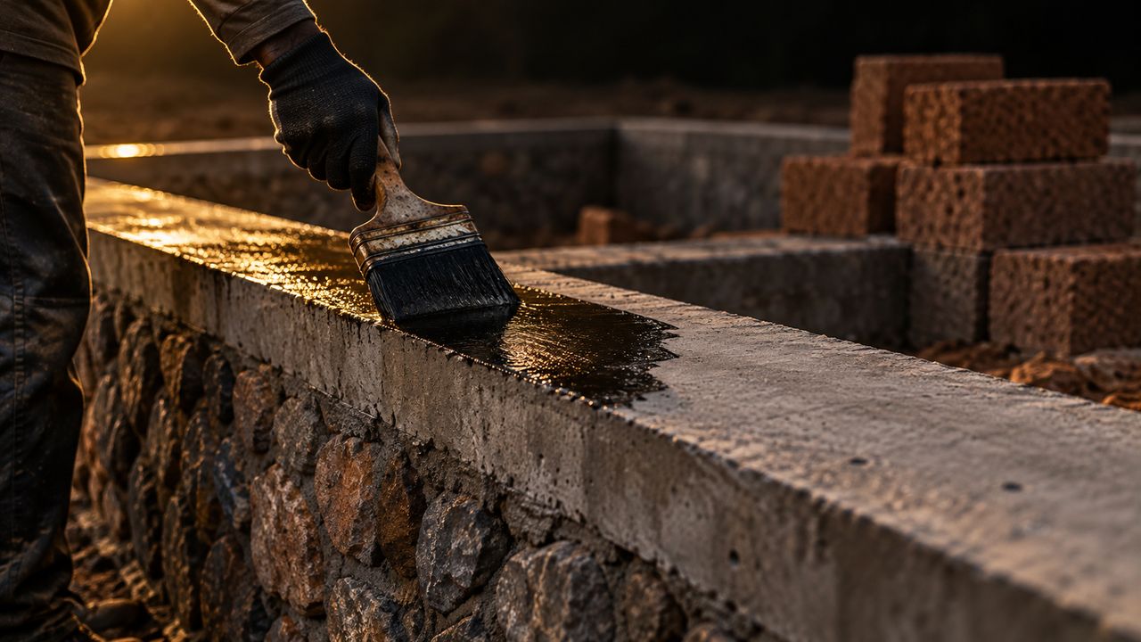 A gloved hand brushing glossy black Aqua Block along the top of a new concrete basement belt on a stone basement, before any wall is built on it