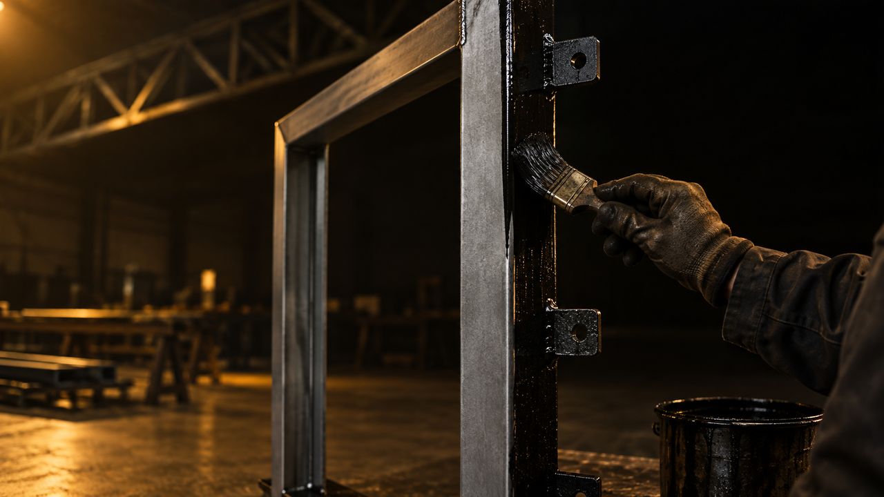 A fabricator brushing Rust Shield down the outer face of a welded mild-steel door frame, the front face left bare, a roof truss behind