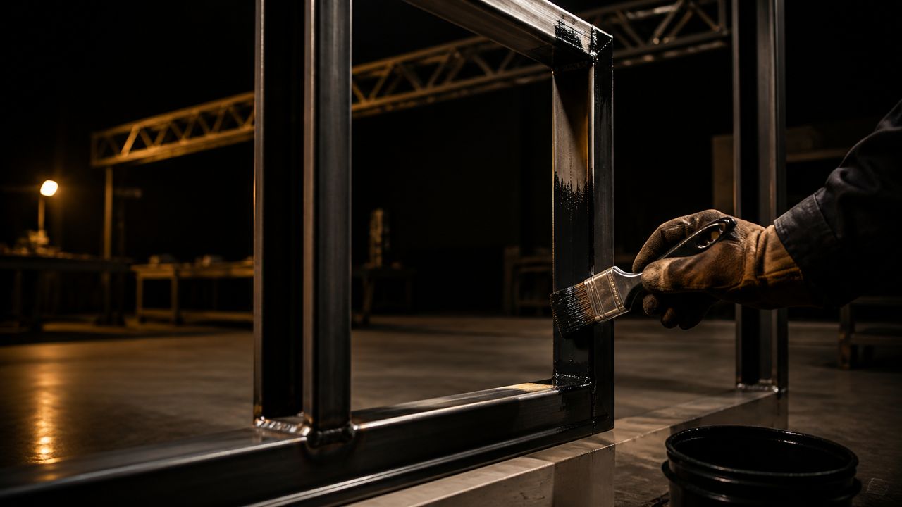 A fabricator brushing protective coating onto a welded mild-steel door frame, with a roof truss behind