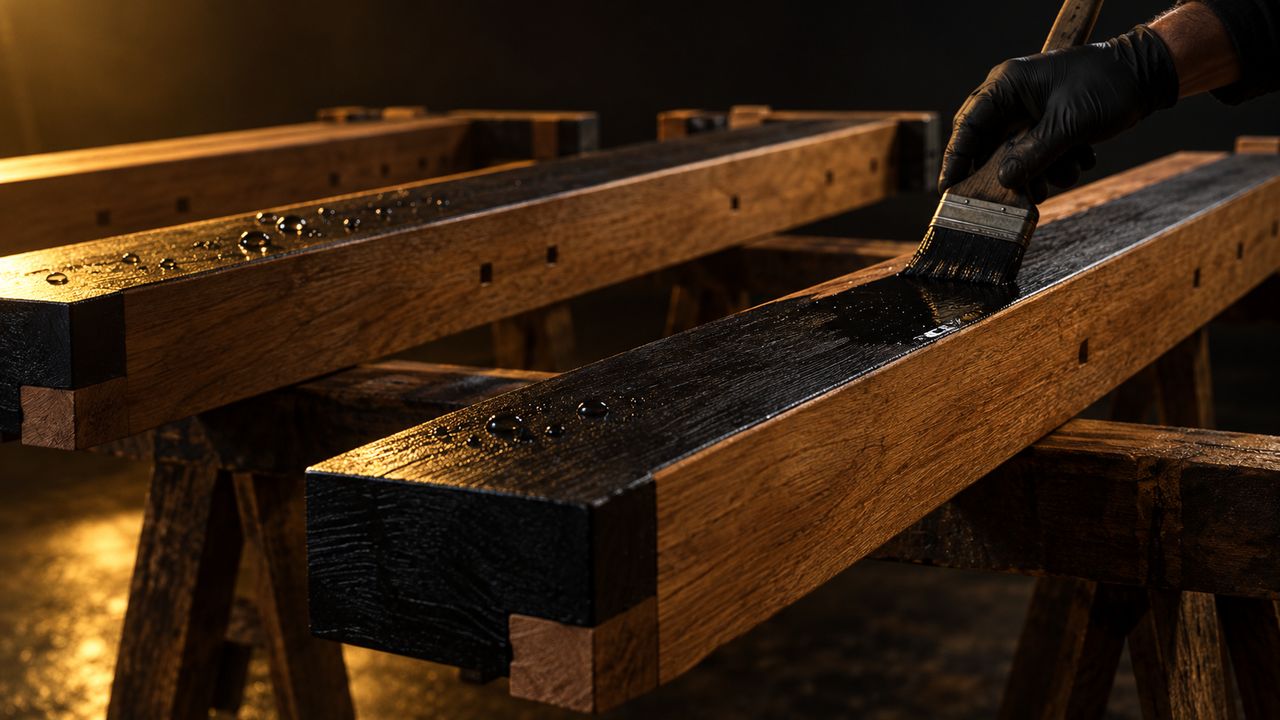 Hardwood door-frame members in a workshop, each coated black on the one face that will sit against the masonry, the other faces left bare