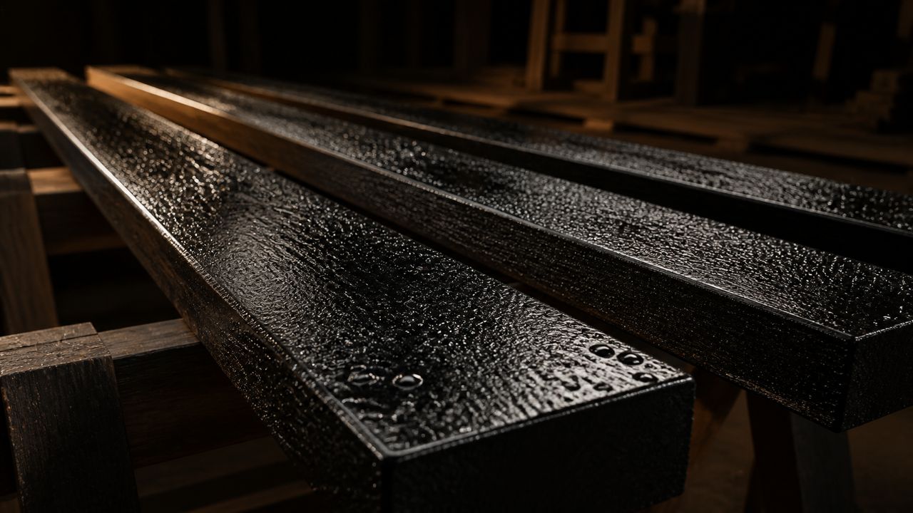 Black Wood Seal-coated timber members with water beading on their surfaces in a workshop
