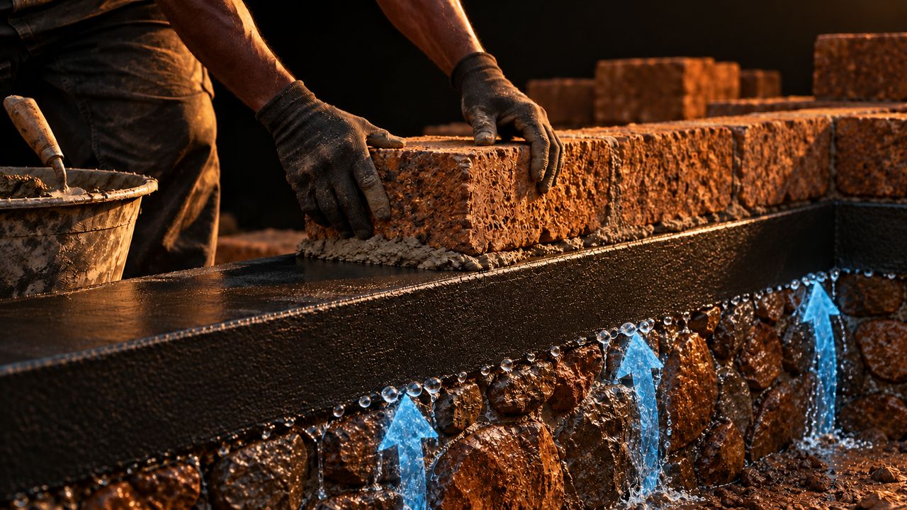A mason laying laterite blocks on a concrete basement belt coated black with Aqua Block: damp rising out of the ground through the stone basement stops at the black coat, and the wall above it stays dry