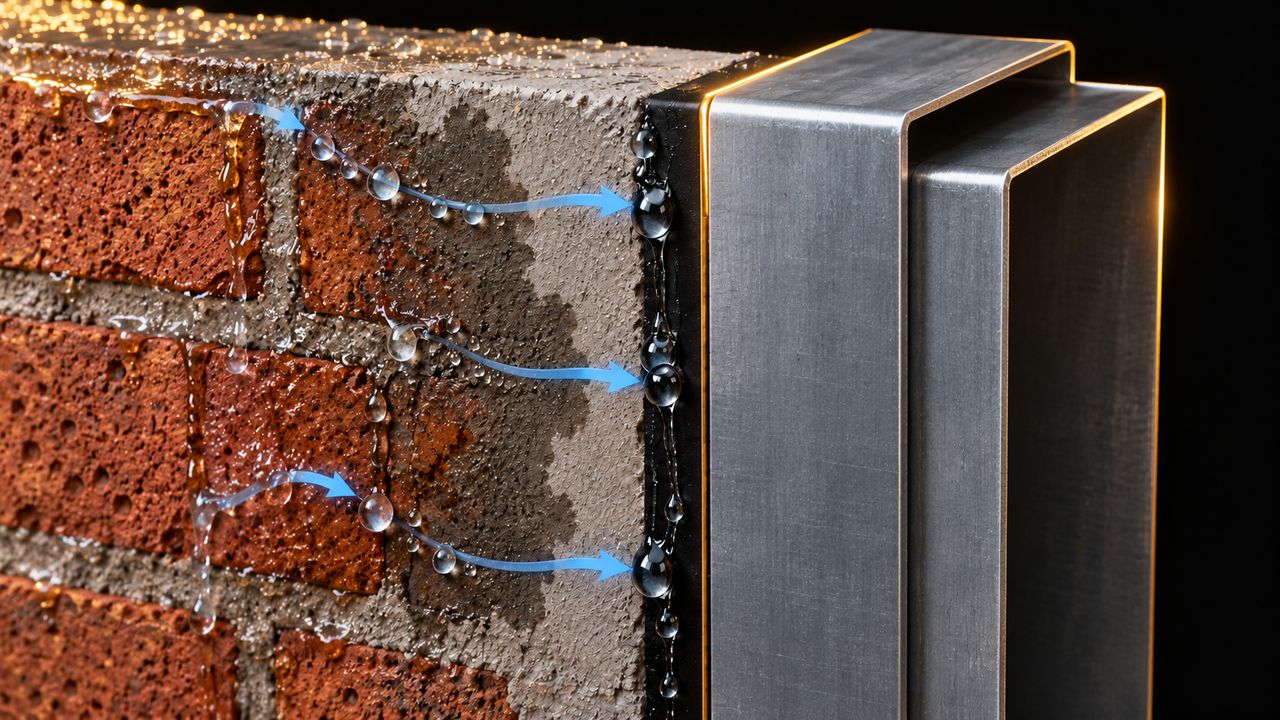 The same cutaway with a pressed-steel door frame: water soaking through the brickwork stops at the black coating, and the steel behind it stays bright and free of rust