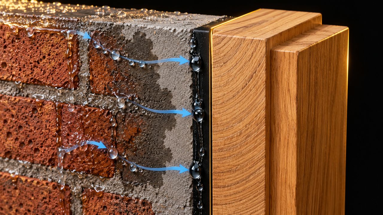 Cutaway of a teak door frame against a damp brick wall: water soaking through the brickwork stops at the black coating on the frame, and the teak behind it stays dry