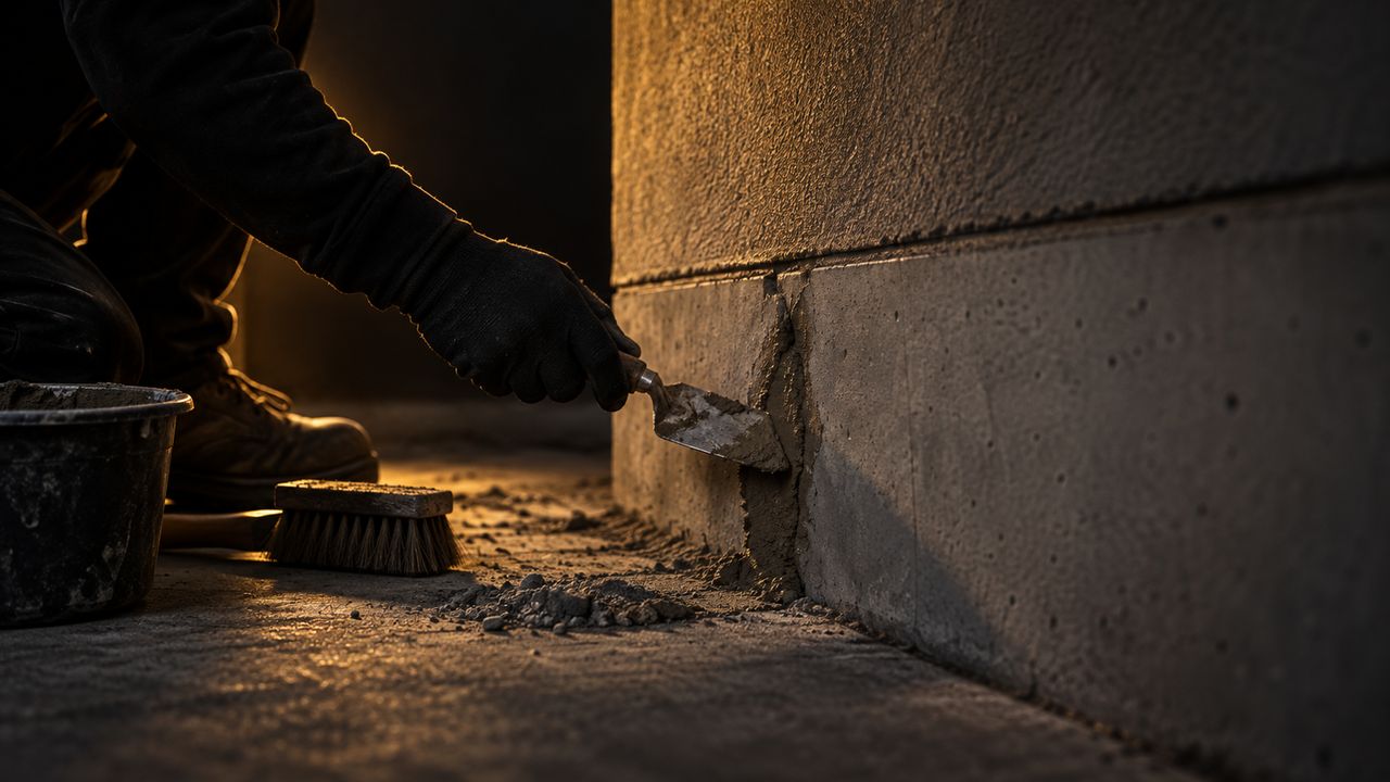 A gloved hand pressing repair mortar into a crack in a grey concrete plinth belt with a trowel