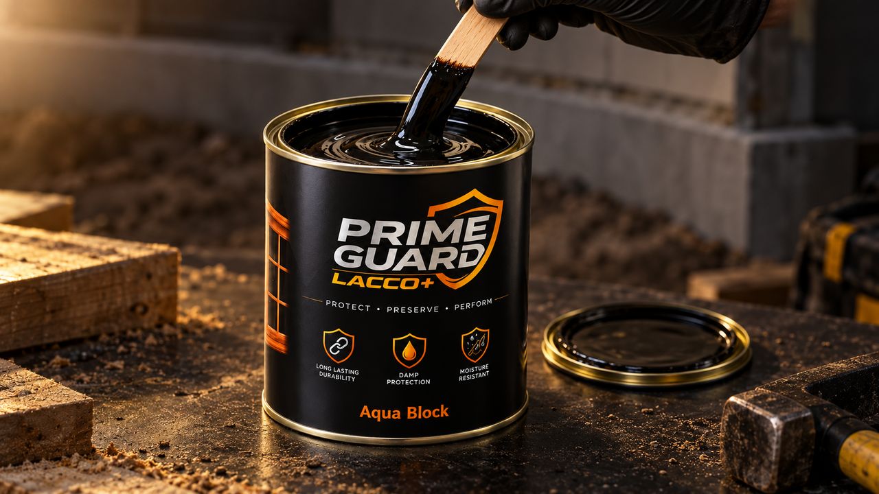 An open 1 litre PRIME GUARD LACCO+ Aqua Block tin on a workbench, a stirring stick lifting a ribbon of the thick black coating out of it