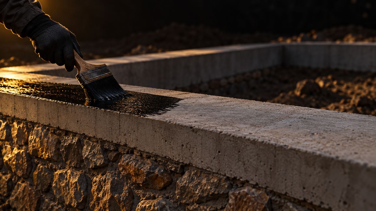 A gloved hand brushing black Aqua Block along the top of a concrete basement belt on a stone basement