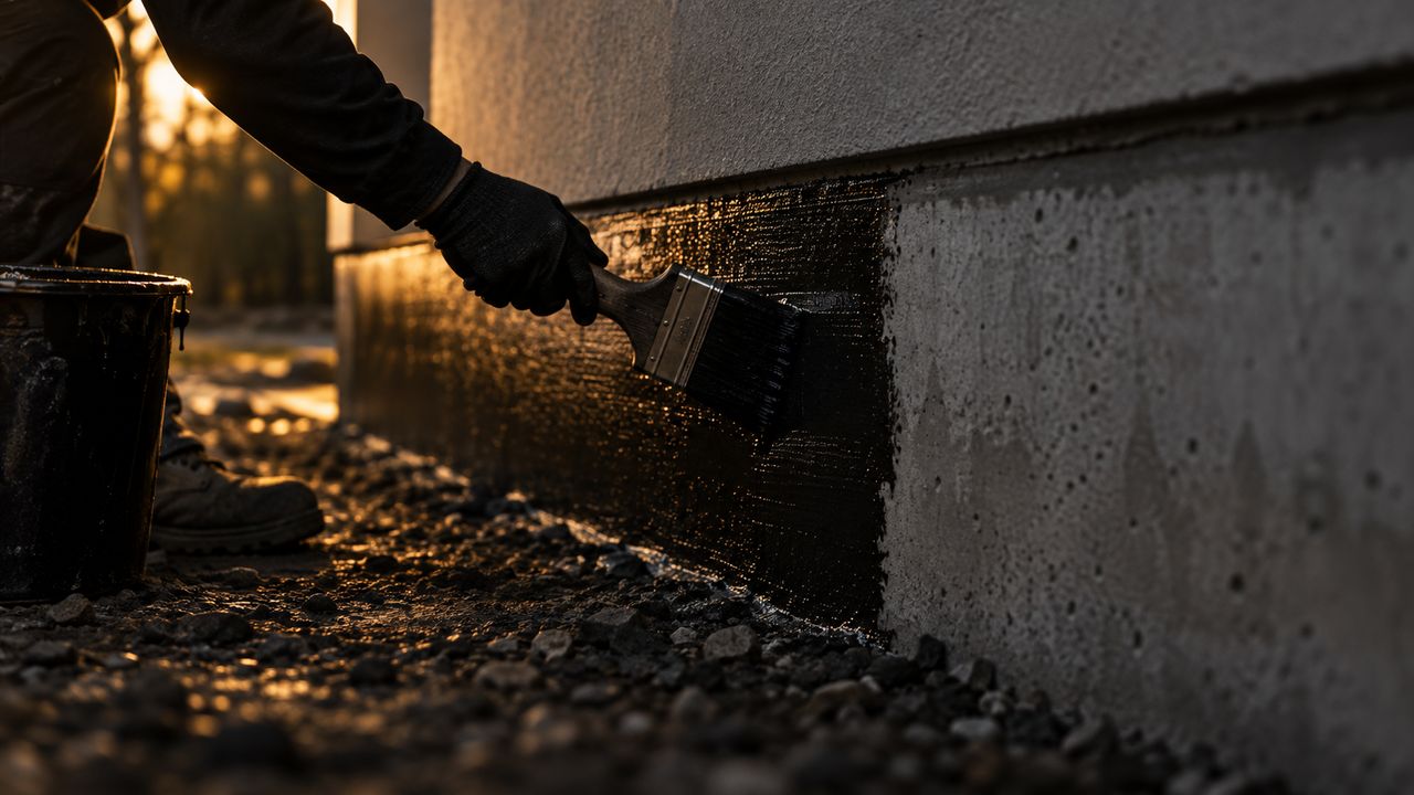 A gloved hand drawing a loaded brush along a concrete plinth belt, half coated black and half bare grey