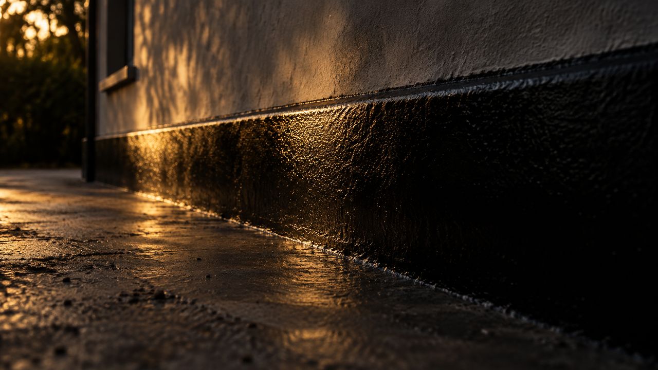 A freshly coated black concrete plinth belt drying untouched at the base of a wall