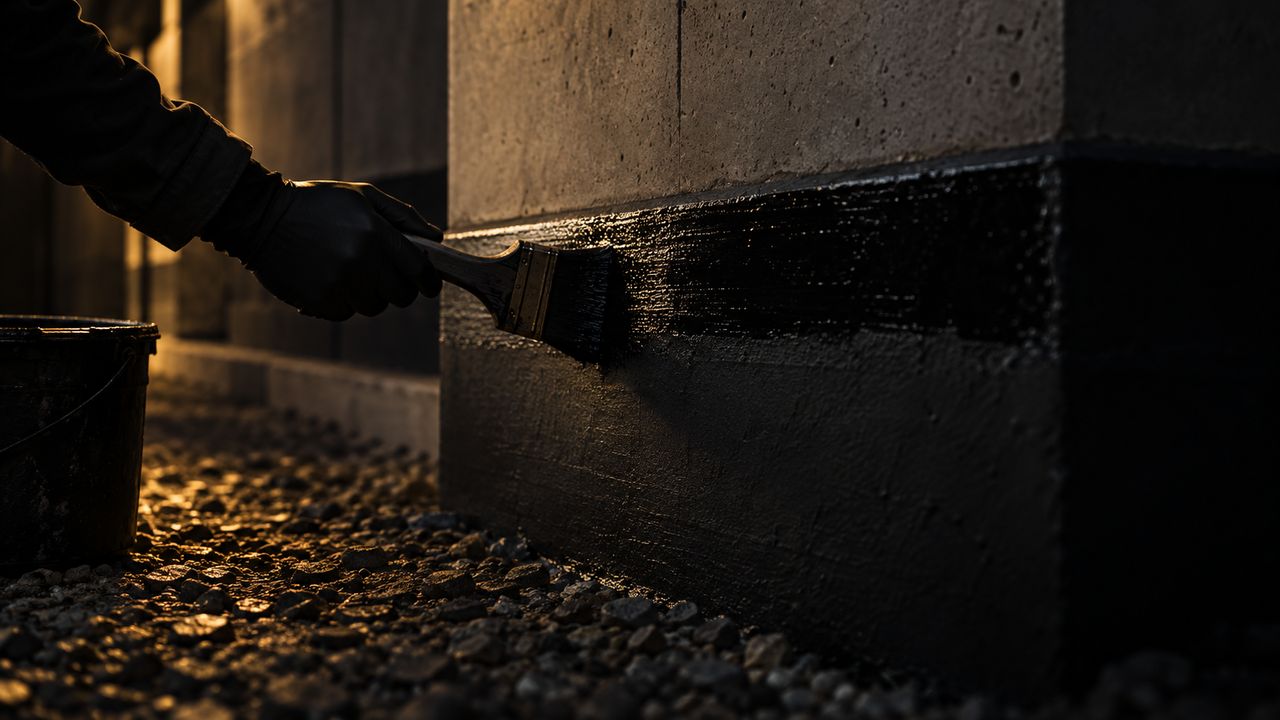 A gloved hand brushing a glossier second coat along a concrete plinth belt over the dried first coat