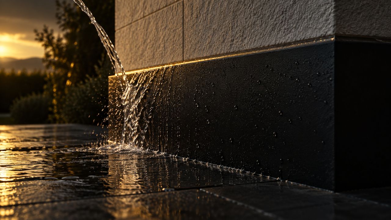 Water poured against a finished black-coated concrete belt sheeting straight off, the wall above dry
