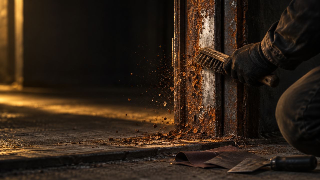 A gloved hand scouring rust off a mild-steel frame with a wire brush, bright bare metal appearing