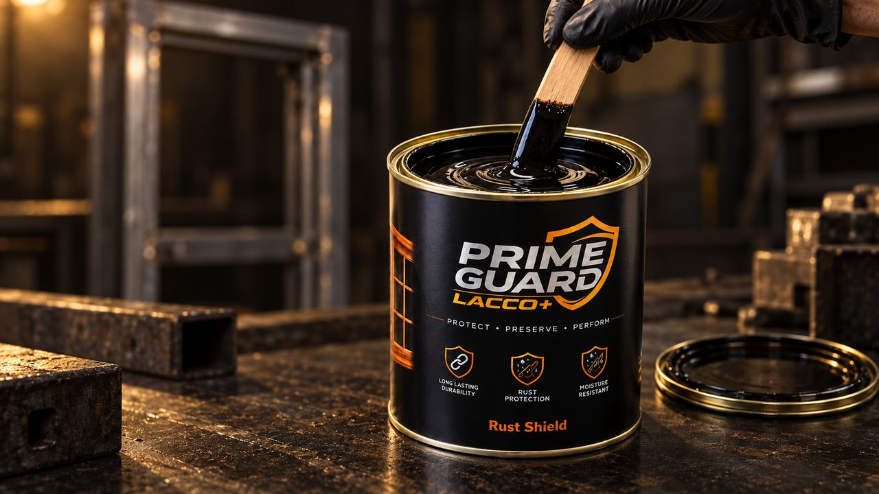 An open 1 litre PRIME GUARD LACCO+ Rust Shield tin on a workbench, a stirring stick lifting a ribbon of the thick black coating out of it