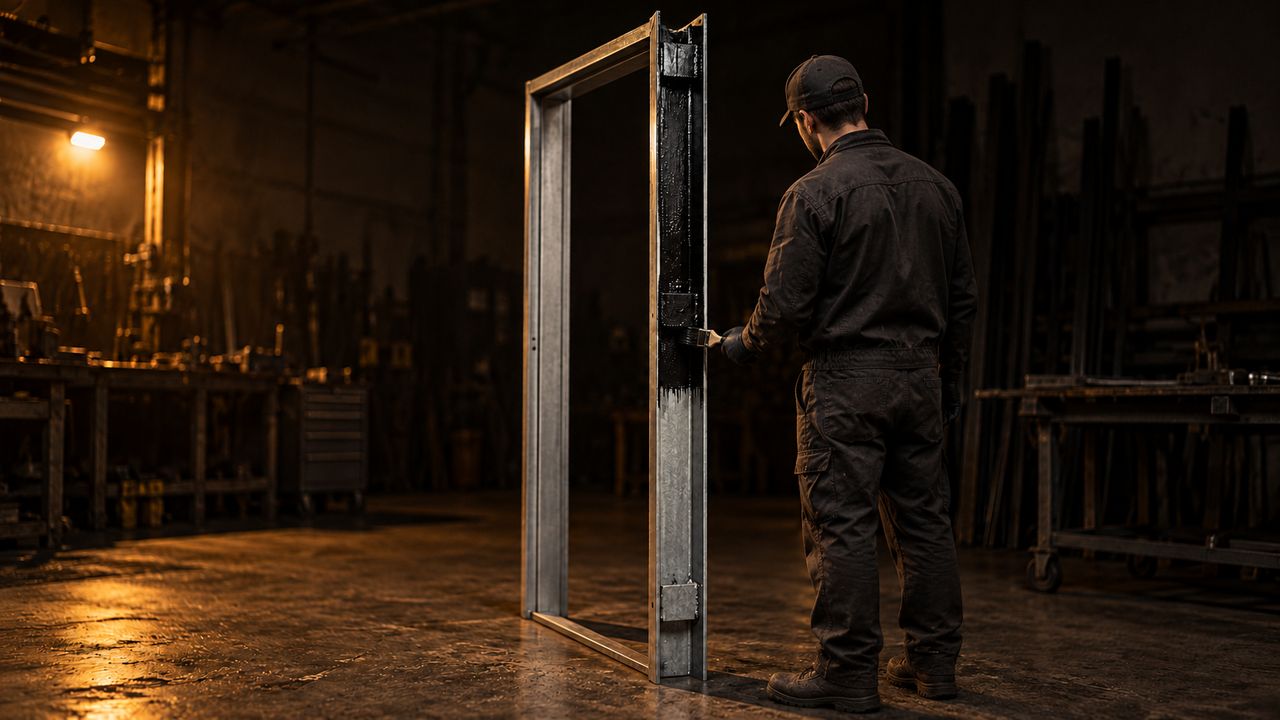 A gloved hand brushing black Rust Shield down the outer face of an upright steel door frame, its front face left bare