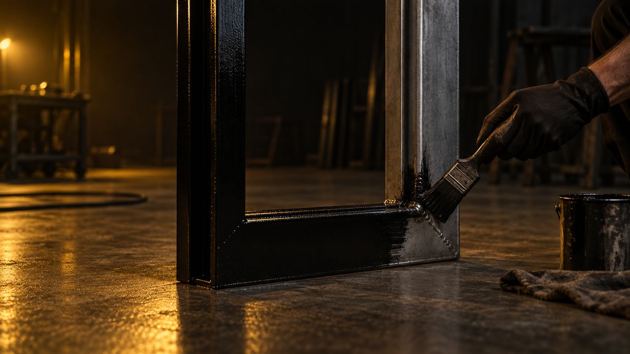 A gloved hand brushing black Rust Shield into the welded corner joint of a steel door frame