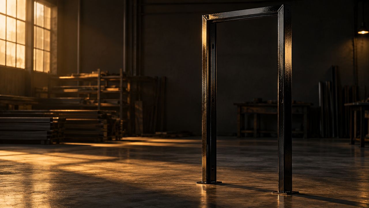 A freshly coated black steel door frame standing alone on a workshop floor while the first coat dries