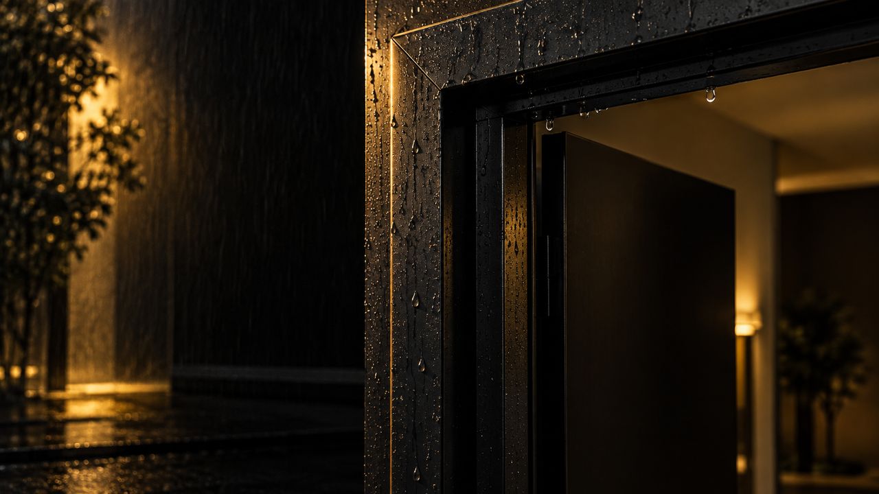 A finished satin-black coated steel door frame with water beading off the metal and no trace of rust