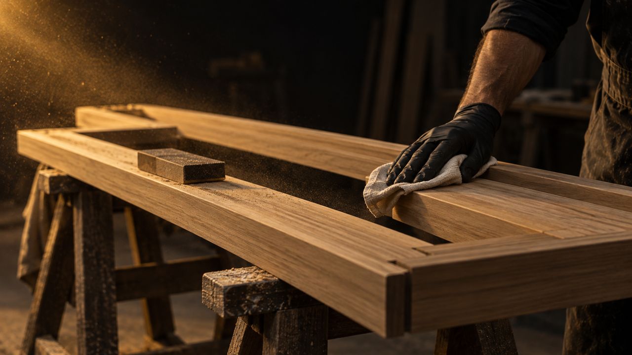 A gloved hand wiping sawdust off bare teak door-frame members on workshop trestles