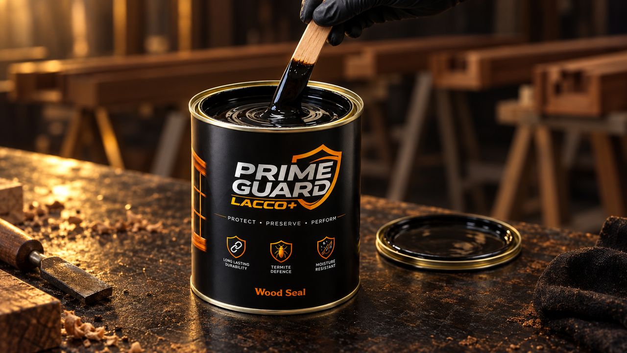 An open 1 litre PRIME GUARD LACCO+ Wood Seal tin on a workbench, a stirring stick lifting a ribbon of the thick black coating out of it