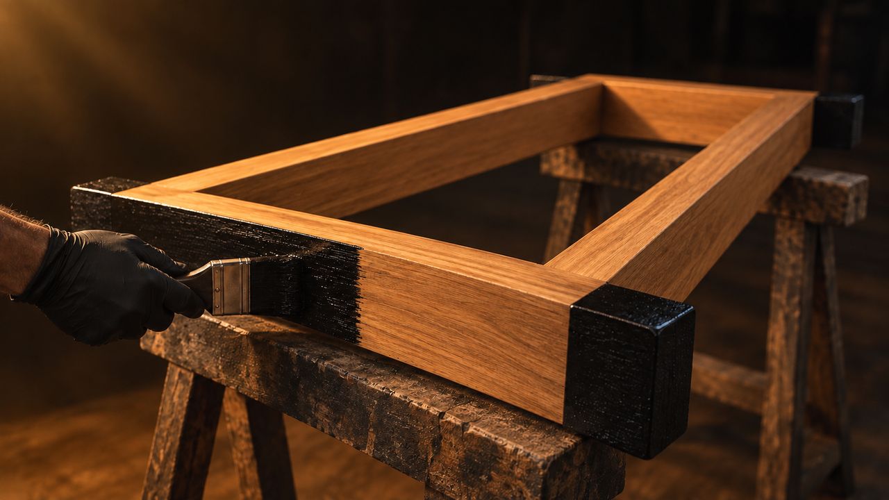 A gloved hand brushing black Wood Seal along the outer edge of a teak door frame, its front face left bare