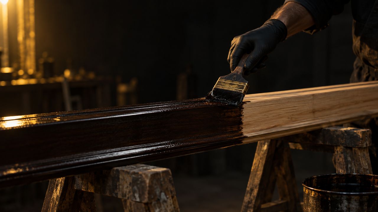 A gloved hand drawing a loaded brush along a timber door-frame member, half of it already coated black