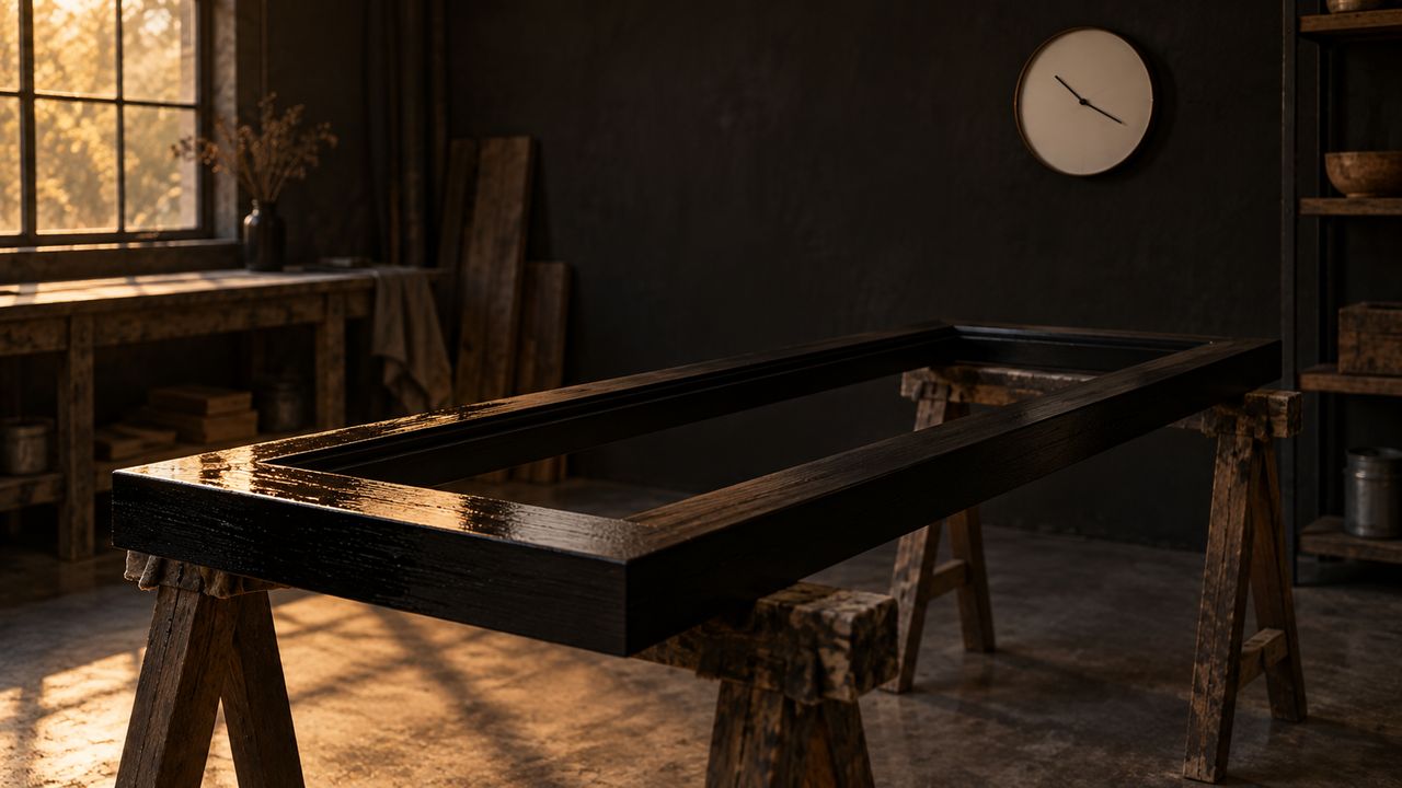 Freshly coated black timber frame members drying untouched on workshop trestles