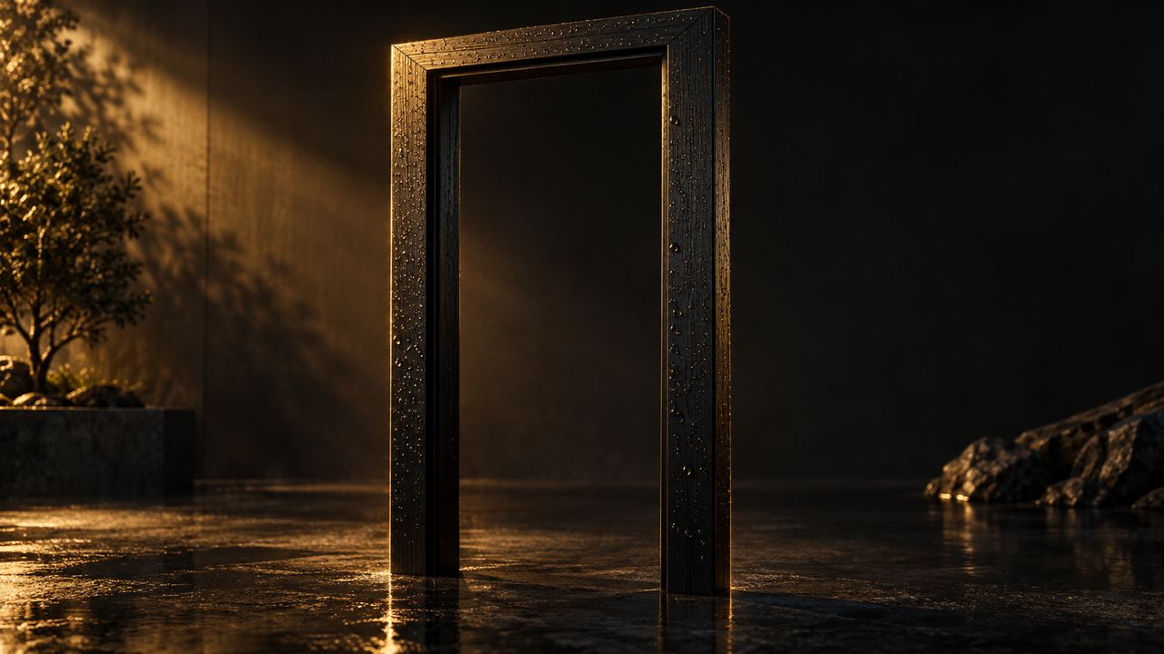 A finished Wood Seal-coated timber door frame with water beading across the satin black surface